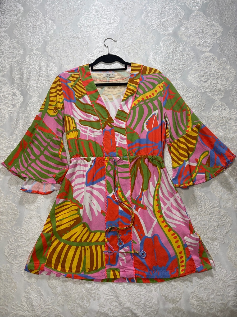 Maaji Joy Caftan Mini Dress Swim Cover Tropical Print Bell Sleeve Size Medium - Picture 3 of 11